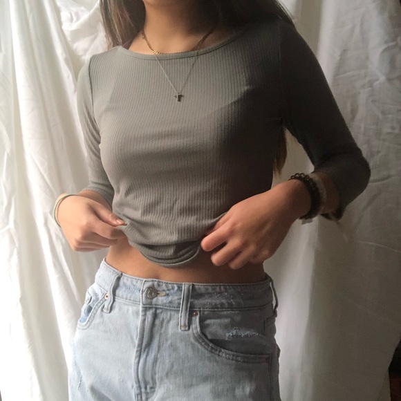 garage olive sage green ribbed quarter sleeve top - Picture 1 of 5